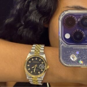 Vintage Luxury Gold and Silver Watch with Black Dial